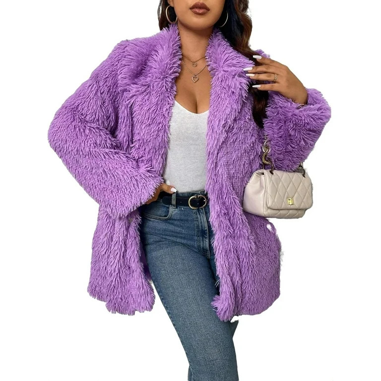 Plain Lapel Neck Long Sleeve Purple Fur Coat Outfit Taylor Swift Lavender Haze Outfit Inspo | Walmart (US)