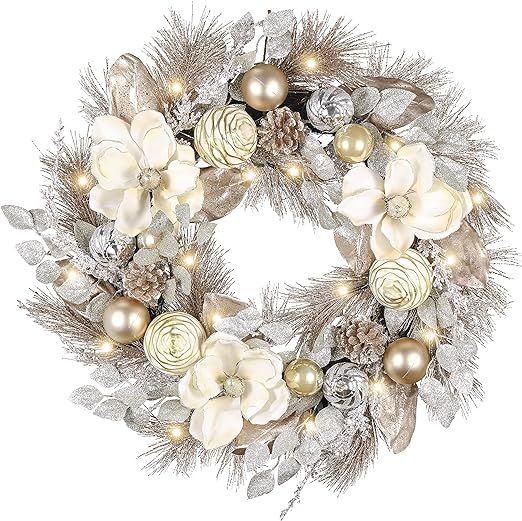 Valery Madelyn Pre-Lit Christmas Wreath for Front Door with Lights, 24 Inch Large Lighted Christm... | Amazon (US)