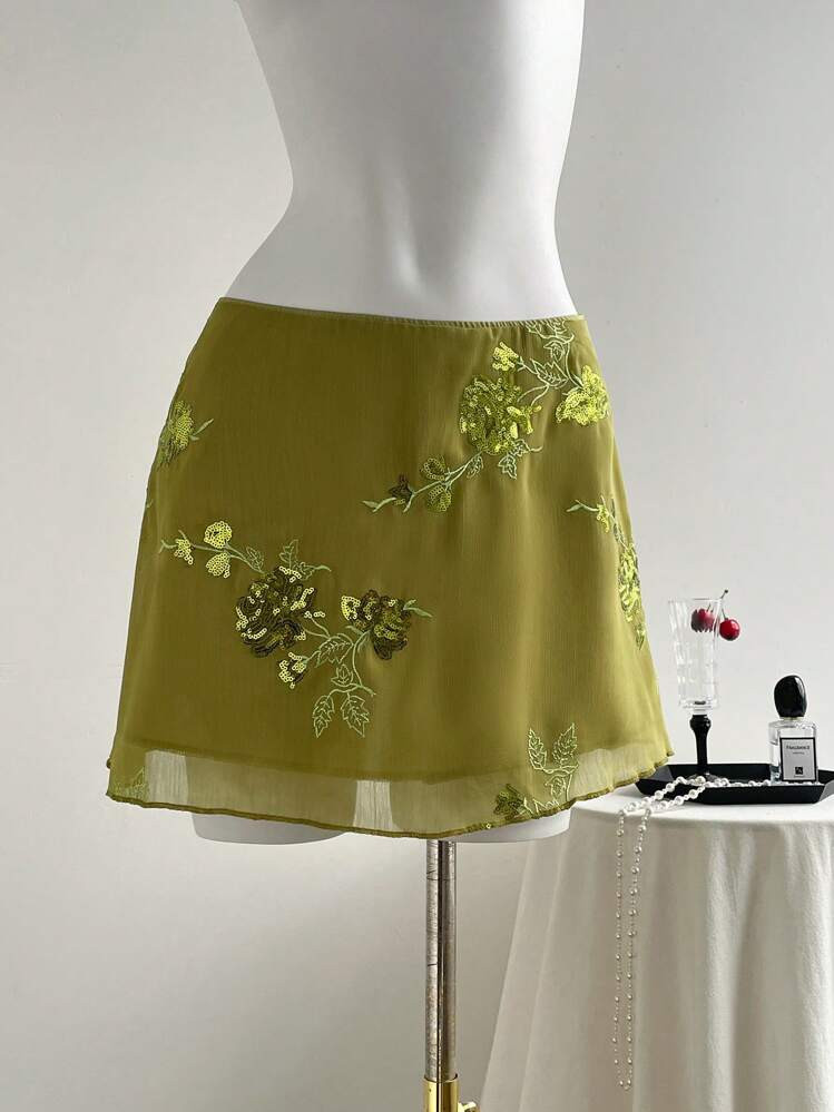 Elamini New Chinese Style Sexy & Innocent Green Embroidered Net Fabric Mini Skirt For Women | SHEIN