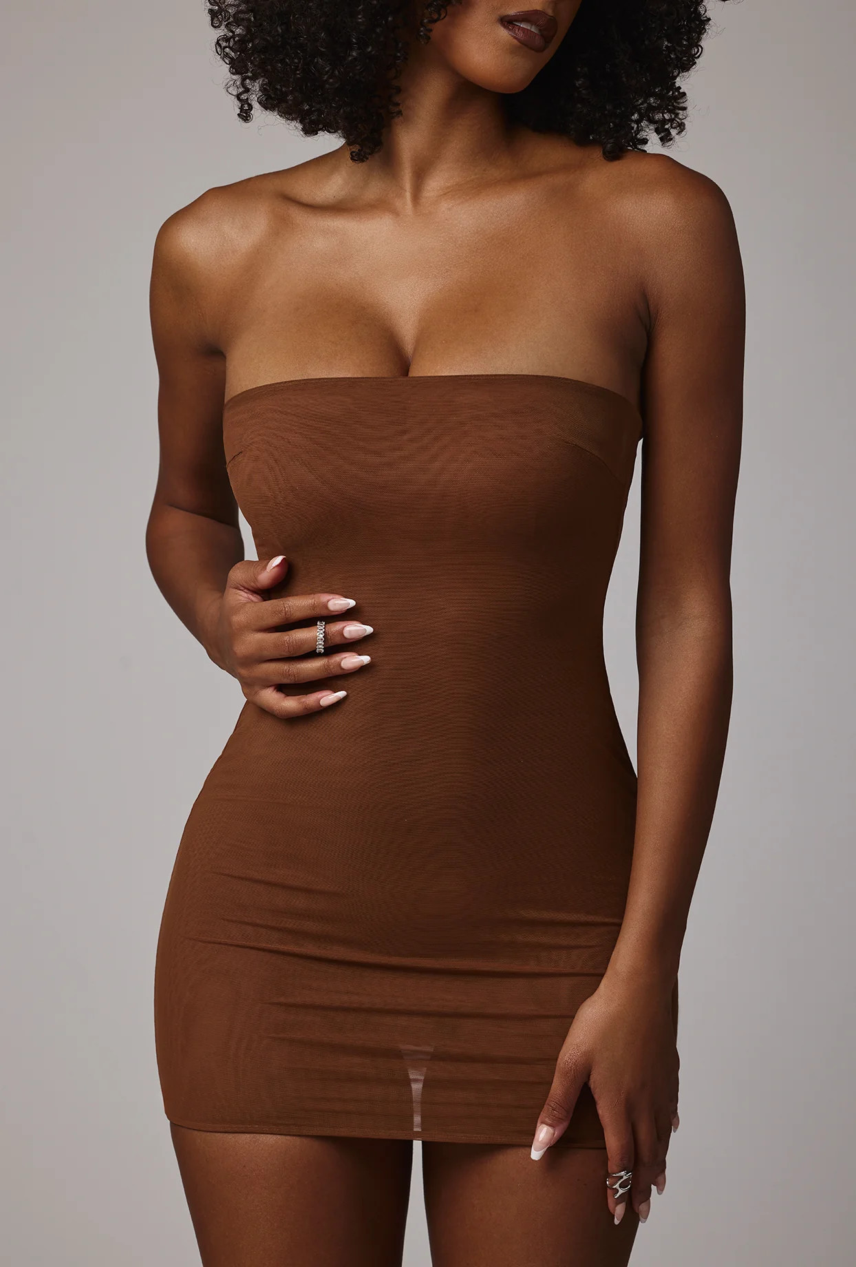 Soft Mesh Mini Slip Dress in Mocha | Oh Polly