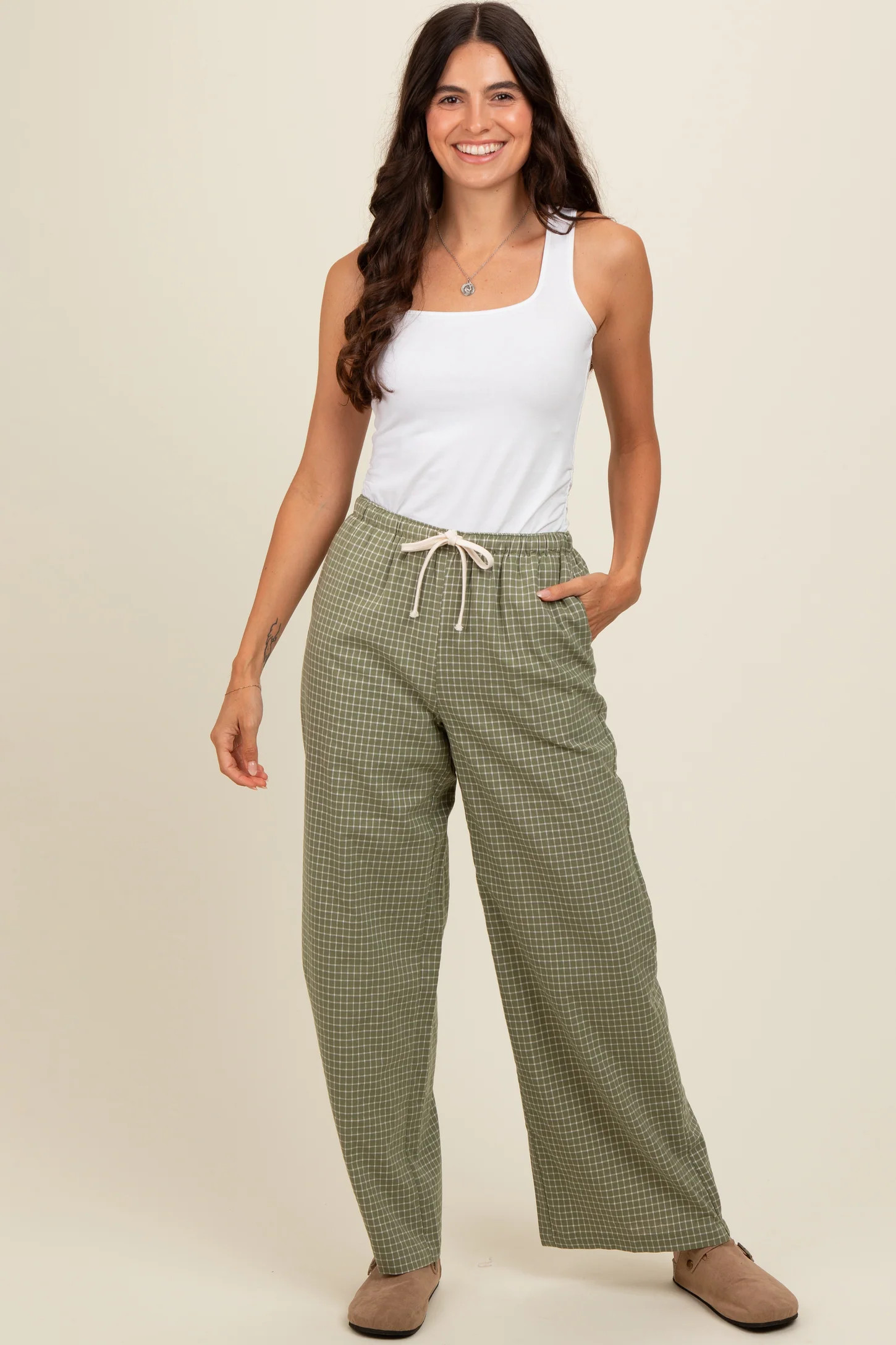 Olive Drawstring Checker Plaid Pants | PinkBlush Maternity