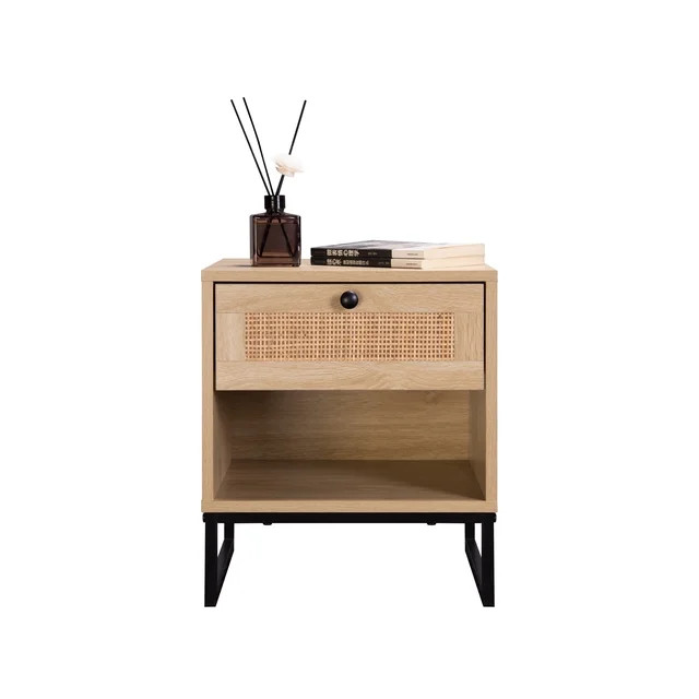 Birch Coastal Modern Side Table with Drawer Natural Wood Top with Black Metal Legs - Walmart.com | Walmart (US)