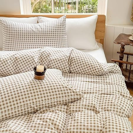 SUSYBAO Tan Gingham Duvet Cover King 100% Washed Cotton Beige Plaid Duvet Cover Set 3 Pieces 1 Ch... | Amazon (US)