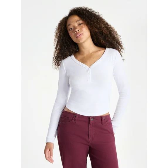 No Boundaries Henley Top with Long Sleeves, Women’s | Walmart (US)