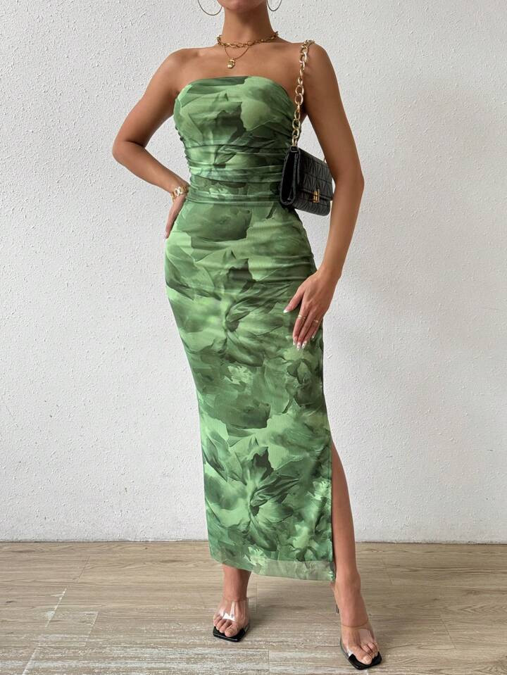 SHEIN BAE Women's Floral Print Side Slit Slim Fit Mesh Bandeau Dress | SHEIN