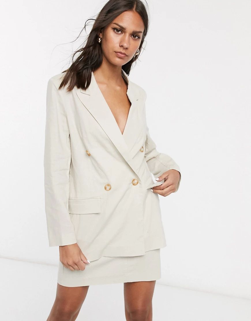 ASOS DESIGN relaxed double breasted linen suit blazer-Stone | ASOS (Global)