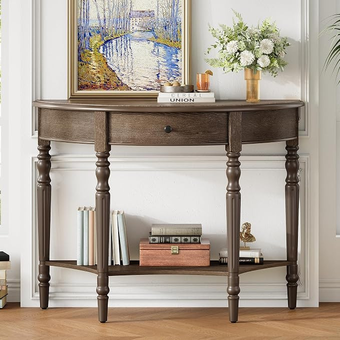 Merax Farmhouse Half Moon Console Table with Drawer & Shelf, Rustic Accent Table for Entryway, Li... | Amazon (US)