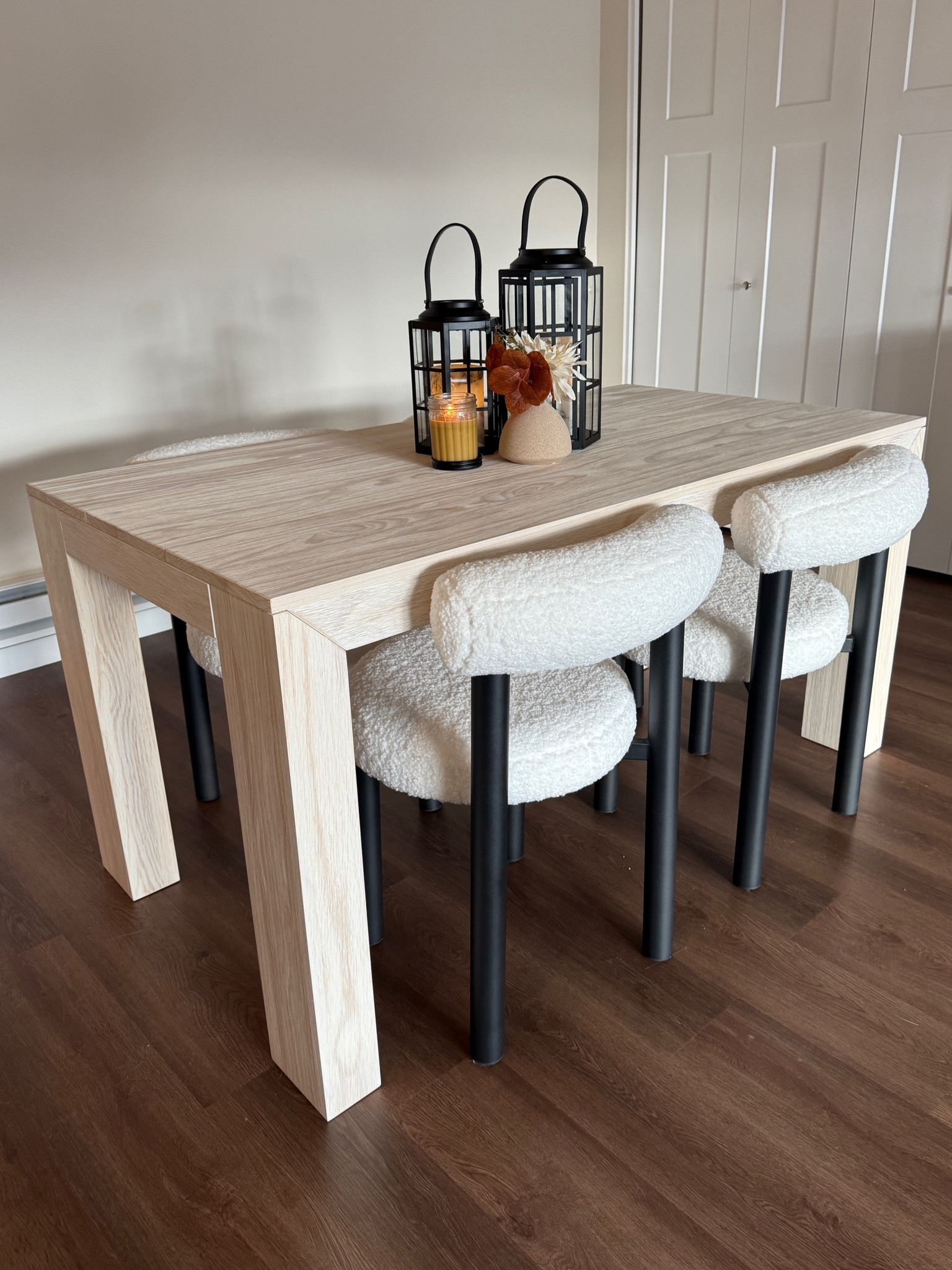 The most beautiful, affordable dining room table! It is the 60” modern dining table in the shade “coastal white” The chairs are separate from Wayfair but soooo worth it! The lanterns are from a local store so I tagged some very similar ones from Amazon that would look cute! Same with the flowers and vase, and the candle🤎🖤 

#LTKGiftGuide #LTKHoliday #LTKSaleAlert