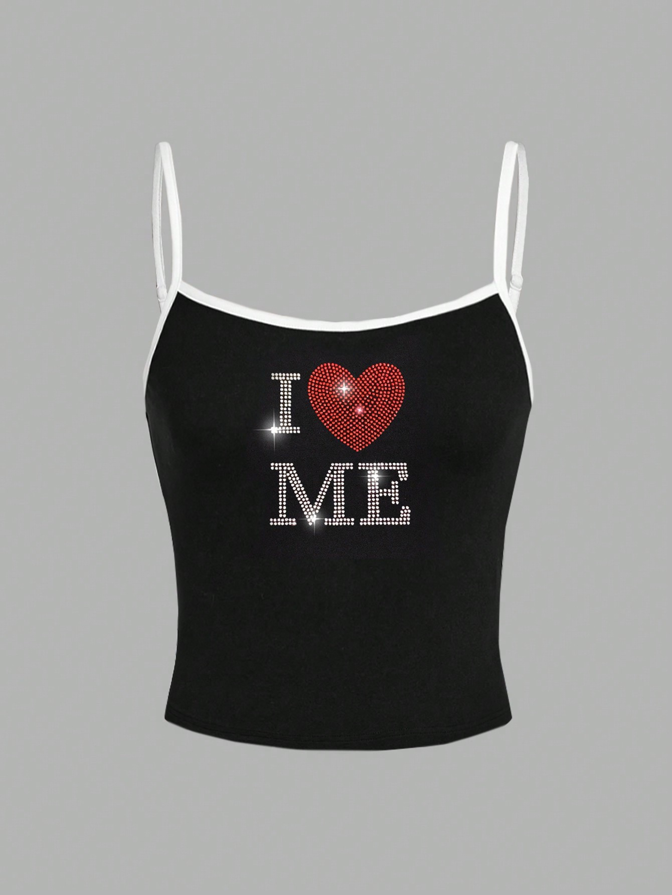 SHEIN EZwear Casual I Love Me Heart Rhinestone Contrast Trim Fitted Women"S Camisole Tank Top, Su... | SHEIN