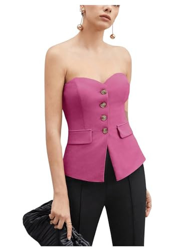 Floerns Women's Elegant Sleeveless Bandeau Button Front Strapless Work Tube Top Hot Pink X-Large | Amazon (US)