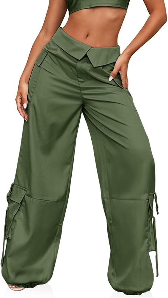 RAISECOM Cargo Pants for Women Lapel Waist Parachute Pants Casual Straight Pants with Flap Pocket... | Amazon (US)