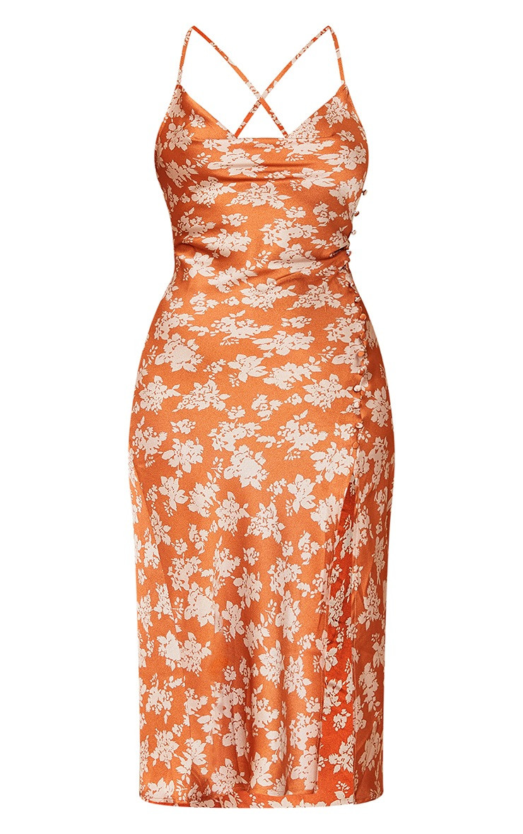 Rust Floral Print Button Detail Satin Midi Slip Dress | PrettyLittleThing US