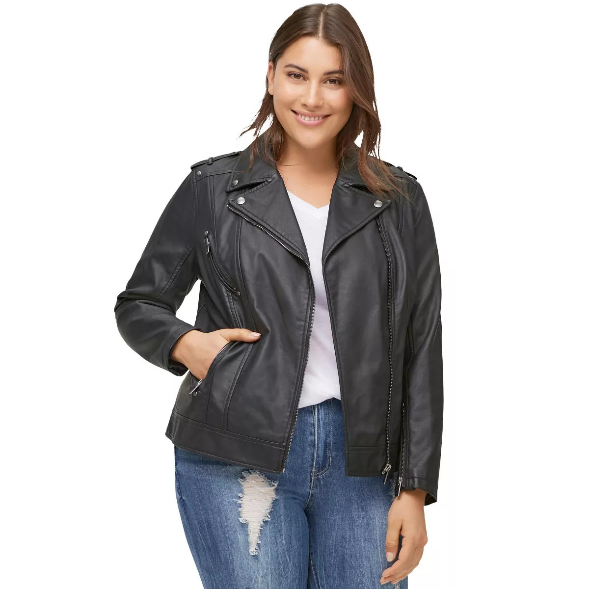 ellos Women's Plus Size Faux Leather Moto Jacket - 32, Black | Target