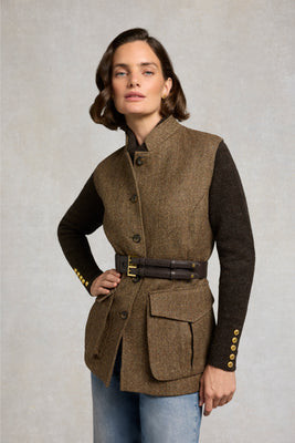 Women's Nehru Gilet (Large Scale Brown Herringbone) | Holland Cooper