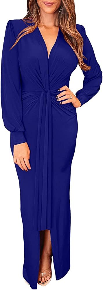 PRETTYGARDEN Women's Spring Long Sleeve Maxi Bodycon Dresses V Neck Twist Front Ruched Cocktail E... | Amazon (US)