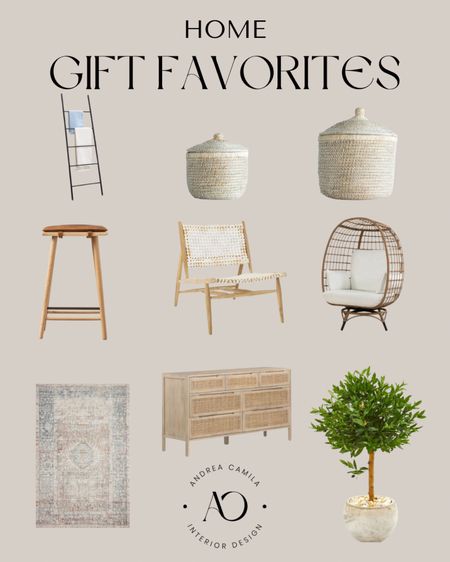 Best gifts for her and the home. Modern farmhouse pendant light in black and gold. Wood and brown leather counter stool for the kitchen bar. Modern white washed woven baskets with lid. Egg swivel patio chair. Leaning blanket and towel ladder black modern. 60” wide woven rattan front 7 drawer dresser. Realistic artificial tall olive tree UV resistant! California coastal leather weave accent chair. Oriental ocean area rug with orange red blue and beige. 

#LTKsalealert #LTKGiftGuide #LTKhome