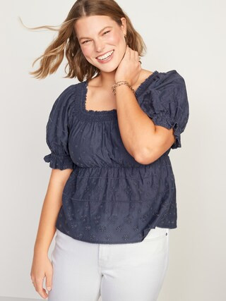 Puff-Sleeve Smocked Embroidered Babydoll Blouse for Women | Old Navy (US)