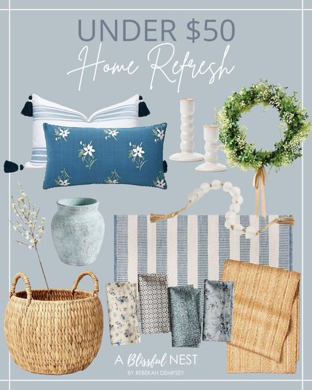 Some fresh and coastal home decor finds! 
Love these blue and white pillows, rattan basket, spring wreath, and more! 


#LTKfindsunder100 #LTKhome #LTKfindsunder50