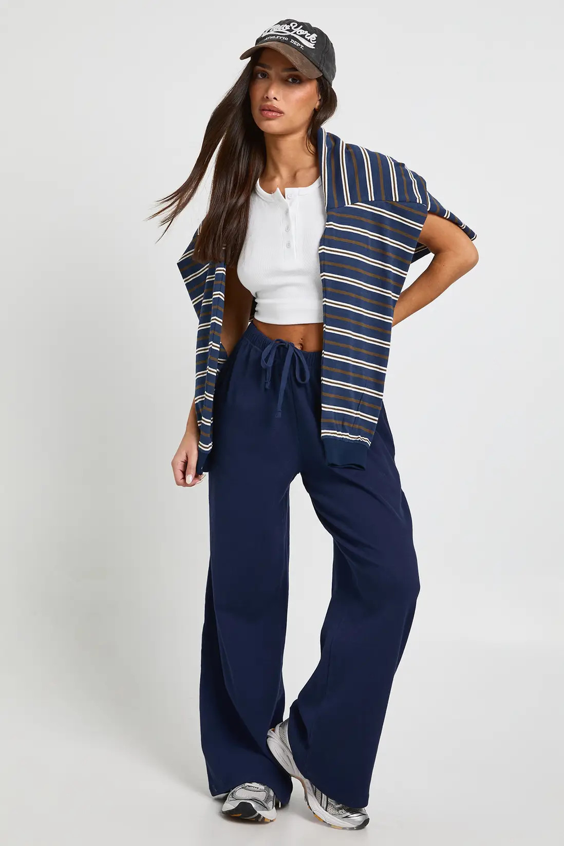 Navy Petite Rib Wide Leg Trouser | Boohoo USA | boohoo (US & Canada)