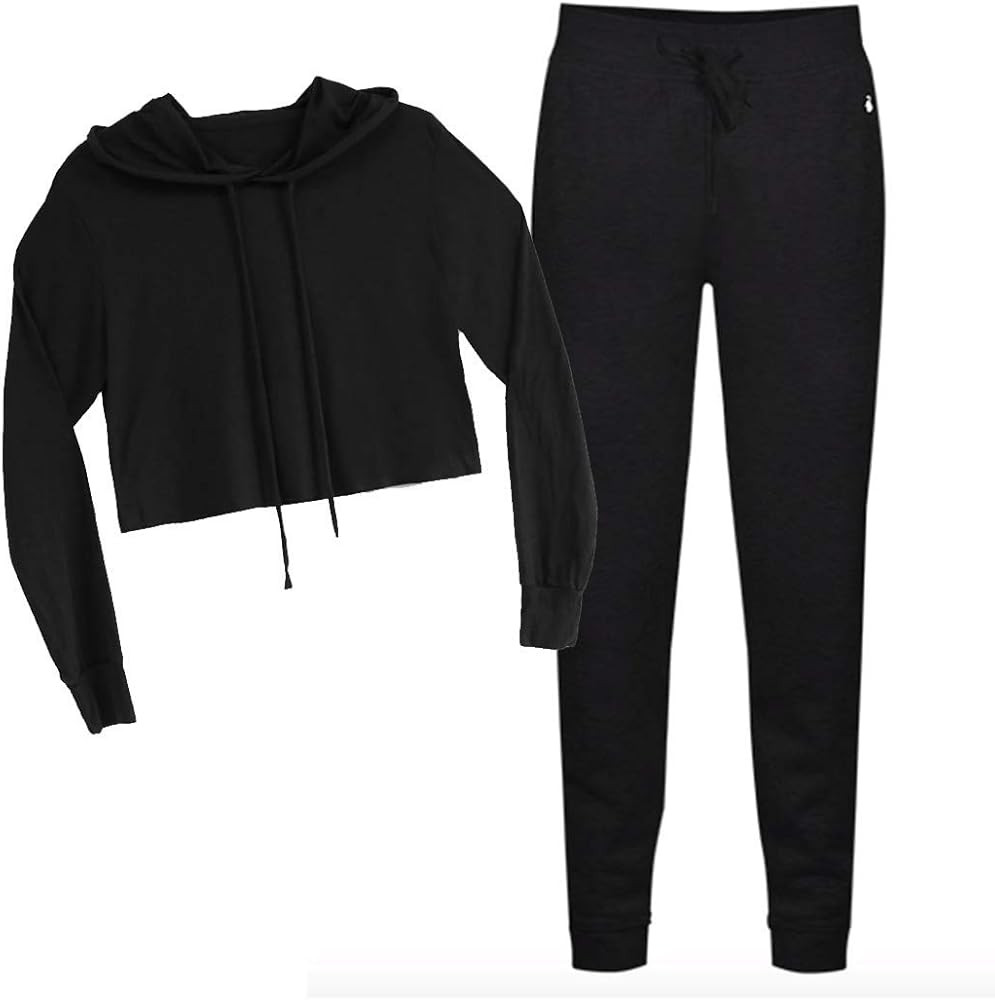 Black Crop Sweatshirt and Joggers Set- Travel Lounge Set with Crop Hooded Sweatshirt and Pants | Amazon (US)