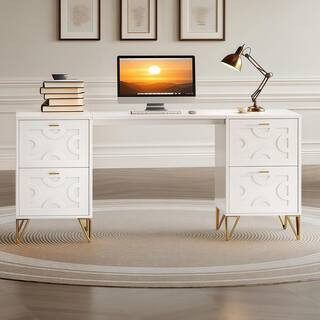 Moronia 59 in. White and Gold Computer Desk with 4 File Drawers Modern Luxury Writing Desk Office Desk with gold Accents | The Home Depot