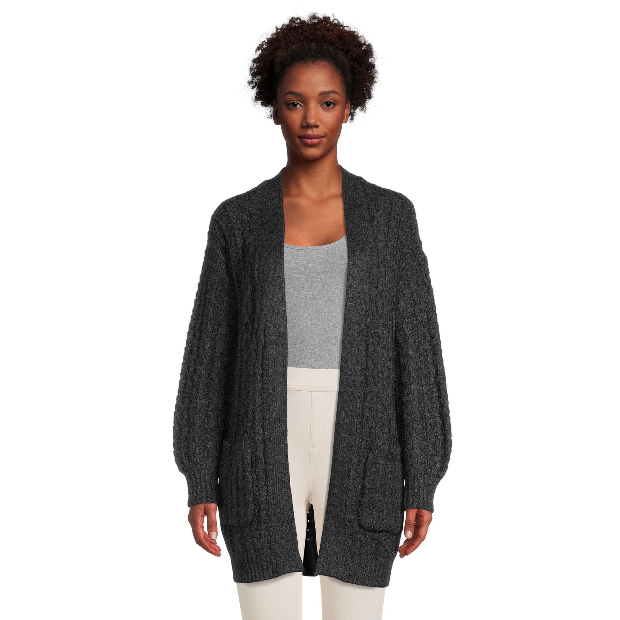 Time and Tru Women's Open Front Cable Knit Cardigan, Heavyweight | Walmart (US)