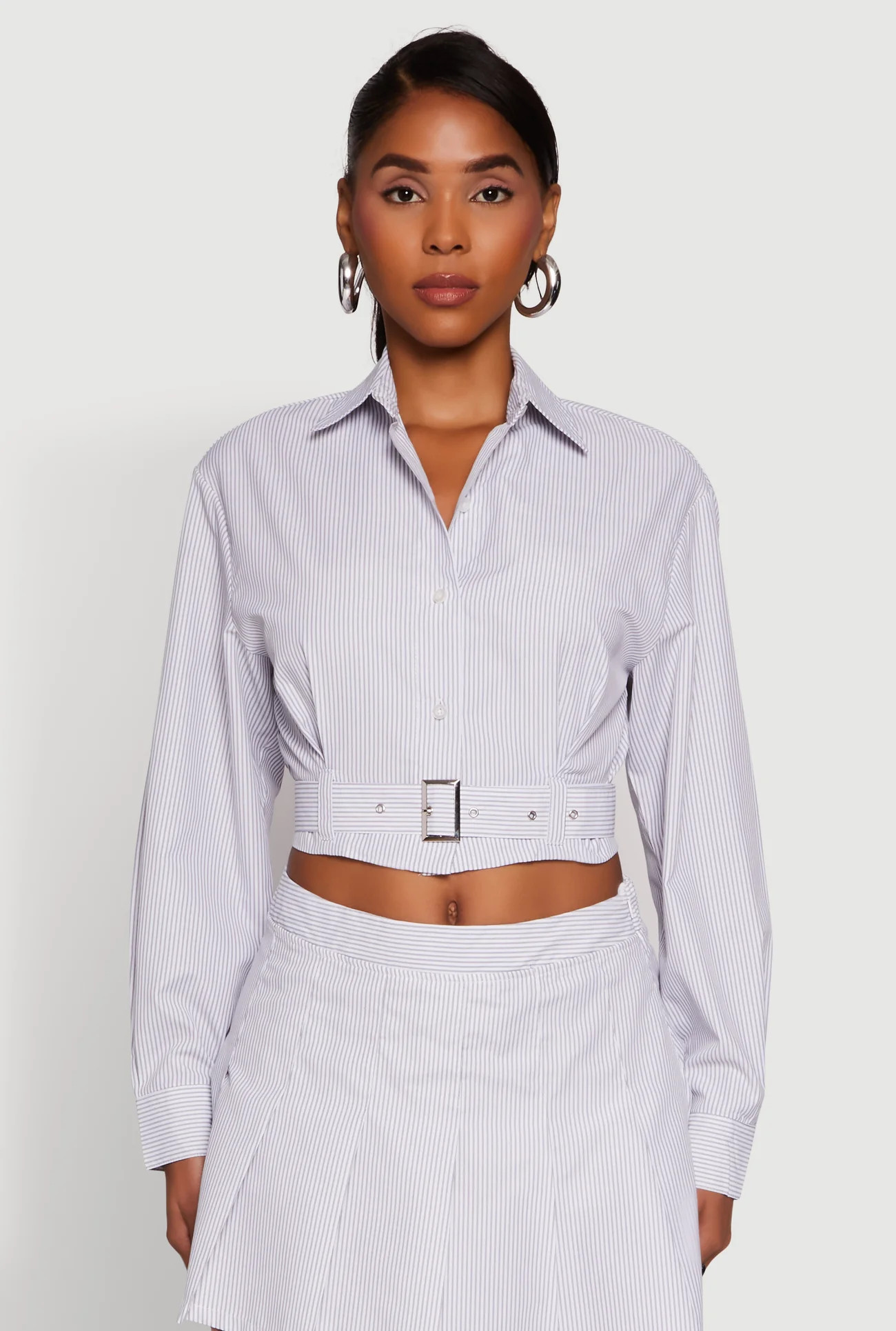 Striped Cropped Button Front Shirt with Belt | Rainbow Shops