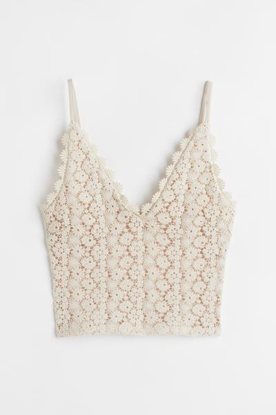 Cropped, fitted, sleeveless top in lace with narrow, adjustable shoulder straps and a scallop-edg... | H&M (US + CA)