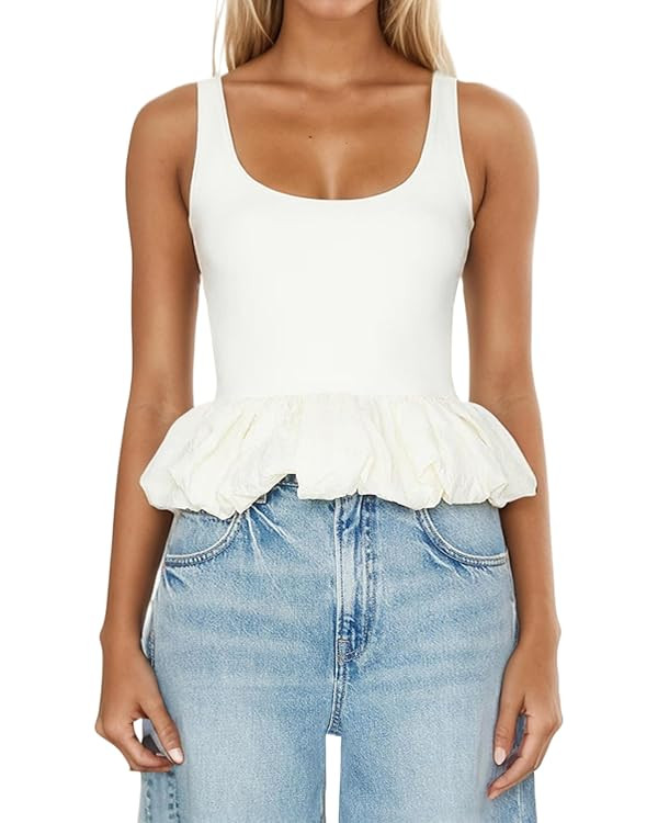 Women's Ruffle Bubble Hem Tank Top Scoop Neck Backless Sleeveless Patchwork Peplum Top Going Out ... | Amazon (US)