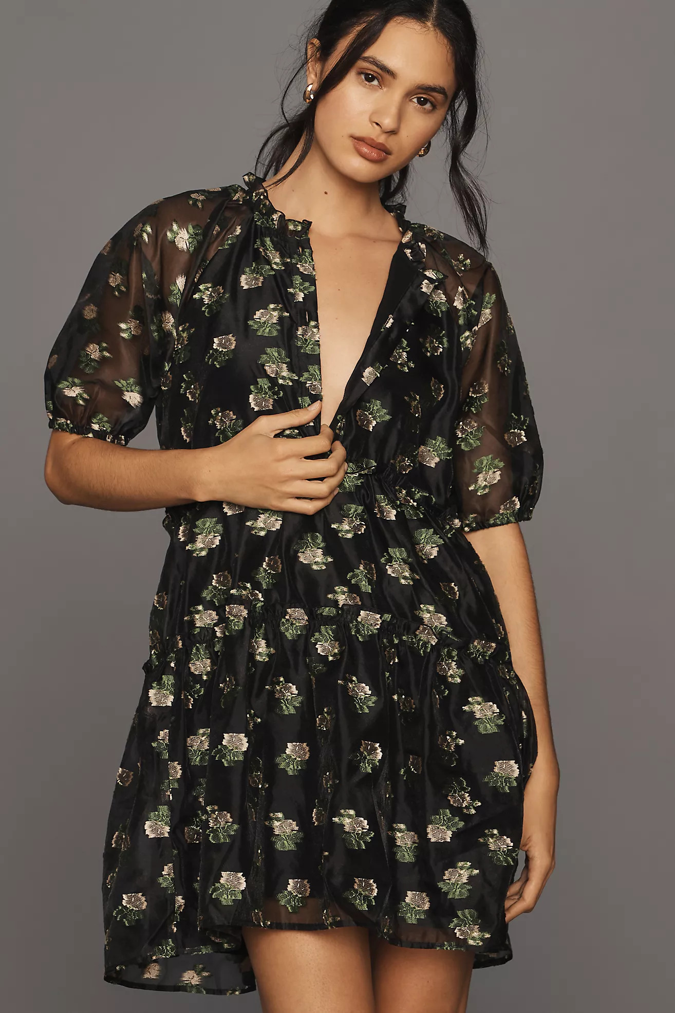 Maeve Short-Sleeve V-Neck Tiered Tunic Mini Dress | Anthropologie (US)