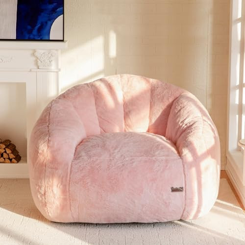 MAXYOYO Giant Bean Bag Chair, Oversized Bean Bag Couch for Adults and Kids, Faux Fur Shell-Shaped Large Chair with Filler, Stuffed Big Accent Sofa Lounge Floor Sofa for Gaming, Reading, Pink | Amazon (US)