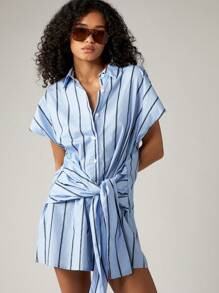 AiiRZ Casual Striped Mini Shirt Dress Button Down Tie Front Collared Summer Spring Vacation Beach... | SHEIN