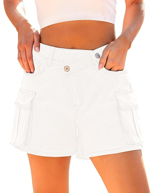 luvamia Jean Shorts for Women Trendy High Waisted Stretchy Denim Cargo Shorts Cross Over Waist Su... | Amazon (US)