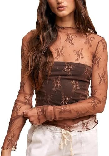 Lace Tops for Women Long Sleeve Mock Neck Mesh Top Sexy Sheer Shirts See Through Floral Blouses | Amazon (US)