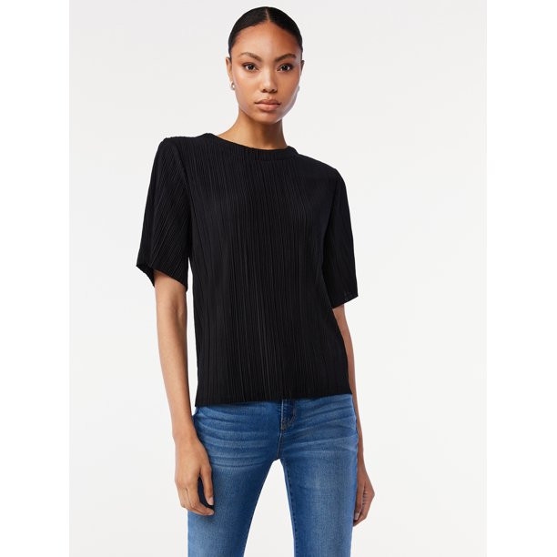 Scoop Women's Crinkle Knit Tee with Short Sleeves | Walmart (US)
