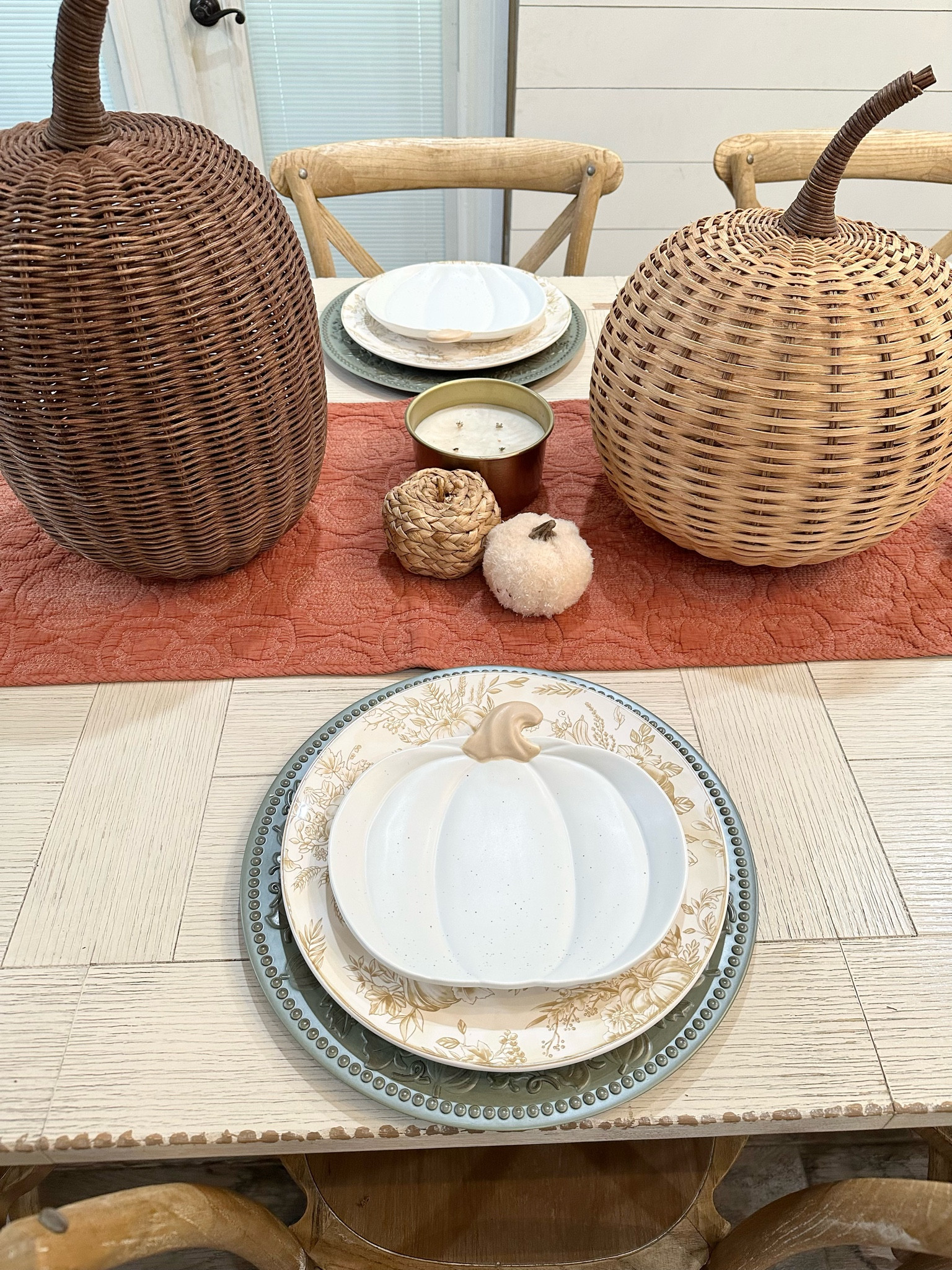 My fall tablescape, fall plates, fall dining room decor, fall home decor, pumpkin plates, white pumpkin plates, neutral fall plates, sage green charger, Kirkland’s sale! 

#LTKhome #LTKSale #LTKSeasonal