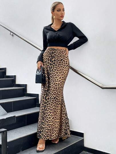 Glamine Leopard Print Mermaid Hem Maxi Women Skirt | SHEIN