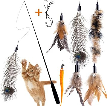 Retractable Cat Wand Toy for Indoor Cats Interactive Cat Feather Toys with Bell 8 Packs Kitten To... | Amazon (US)