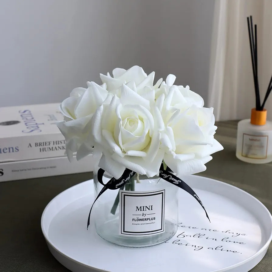 grtefhu Artificial Flowers with White Roses in Vase, Fake Flowers in Glass Jar with Ribbon, Silk ... | Amazon (US)