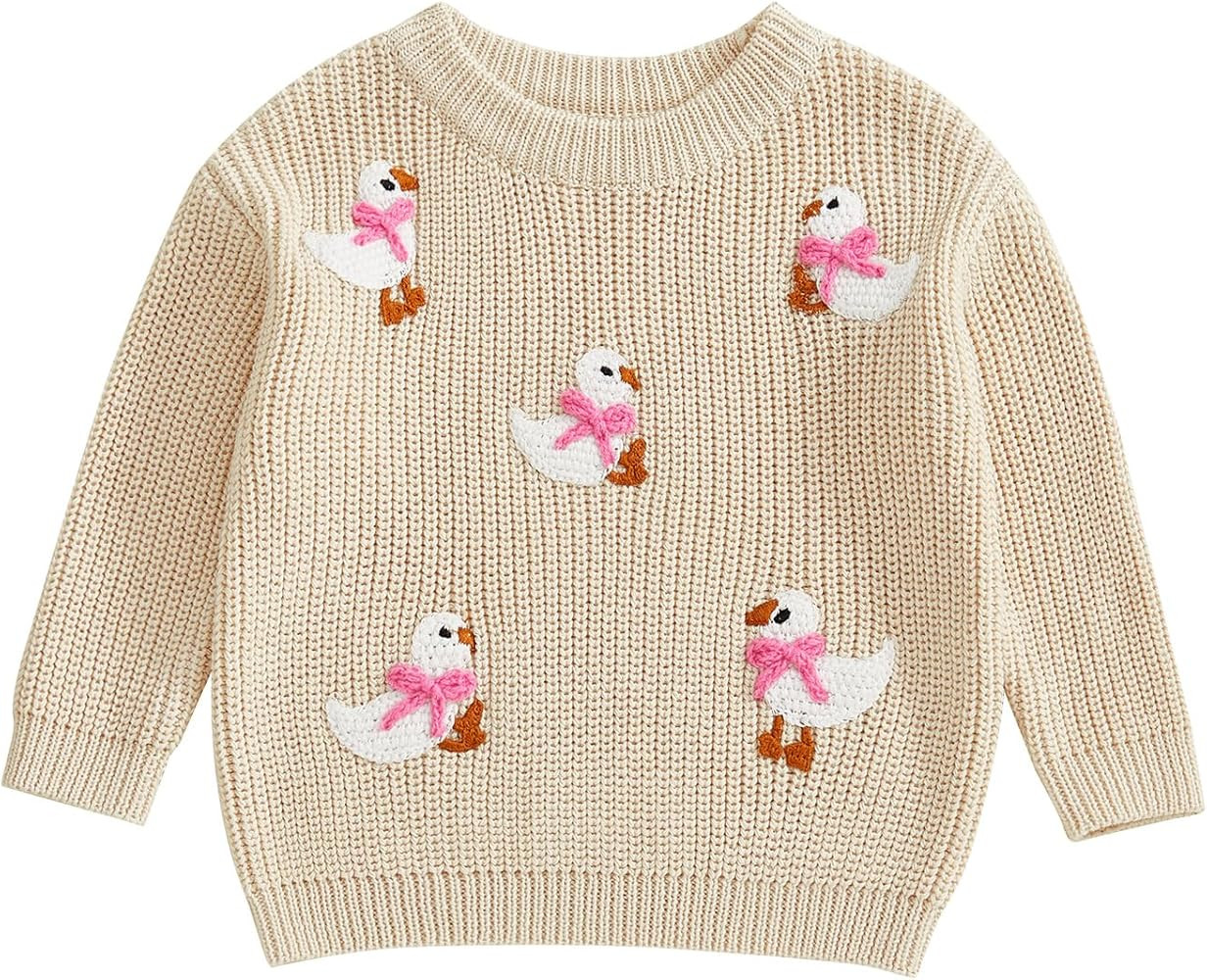 Toddler Baby Boy Girl Goose Outfit Silly Goose Embroidered Crewneck Long Sleeve Sweater Chunky Kn... | Amazon (US)
