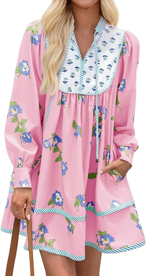 Wenrine Womens Casual Floral Mini Dress 2025 Fall Long Sleeve V Neck Patchwork Loose Boho Shirt D... | Amazon (US)