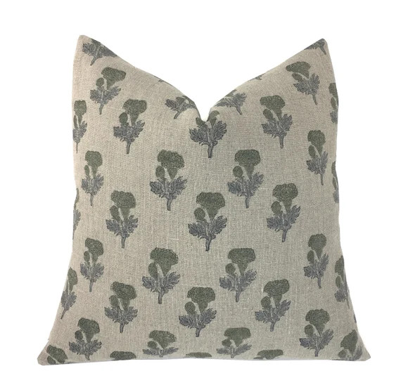 Darra Floral Hand Block Print on Linen Pillow Cover | Green and Blue | Designer | High End | 1 OR... | Etsy (US)