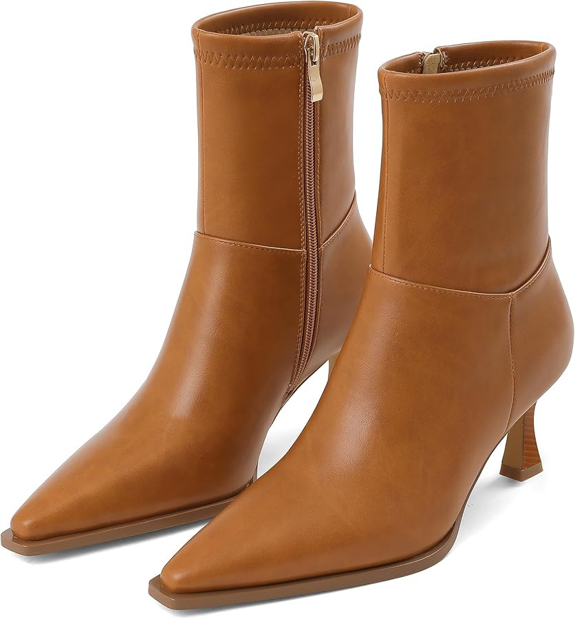 Womens Brown Suede Fall Boots with Side Zip, Ankle, Mid Calf, Pointed Toe, Kitten Heel, Dressy, S... | Amazon (US)