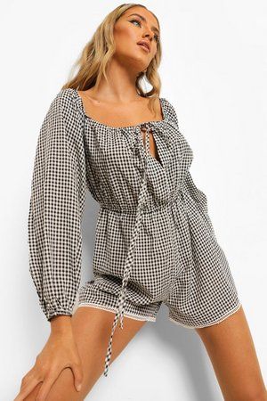 Gingham Puff Sleeve Cut Out Tiered Playsuit | Boohoo.com (UK & IE)