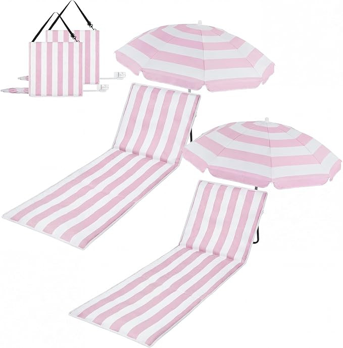 2 Set Beach Chairs with Umbrella Portable Beach Lounger Lightweight Foldable Outdoor Lounger Chai... | Amazon (US)