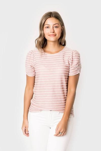 Striped Ruched Sleeve Tee | Gibson