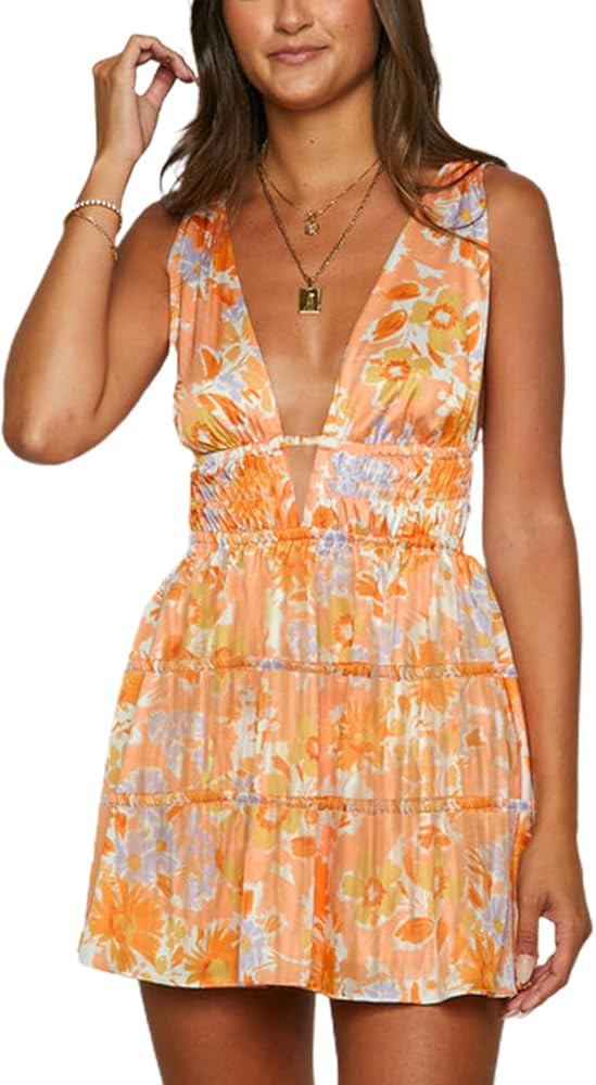 Women Summer Casual Mini Dress Floral Deep V-Neck Sleeveless Tie-Up Backless A-line Short Dress P... | Amazon (US)