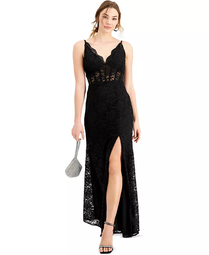 Juniors' Glitter Scallop Lace Corset Gown | Macy's