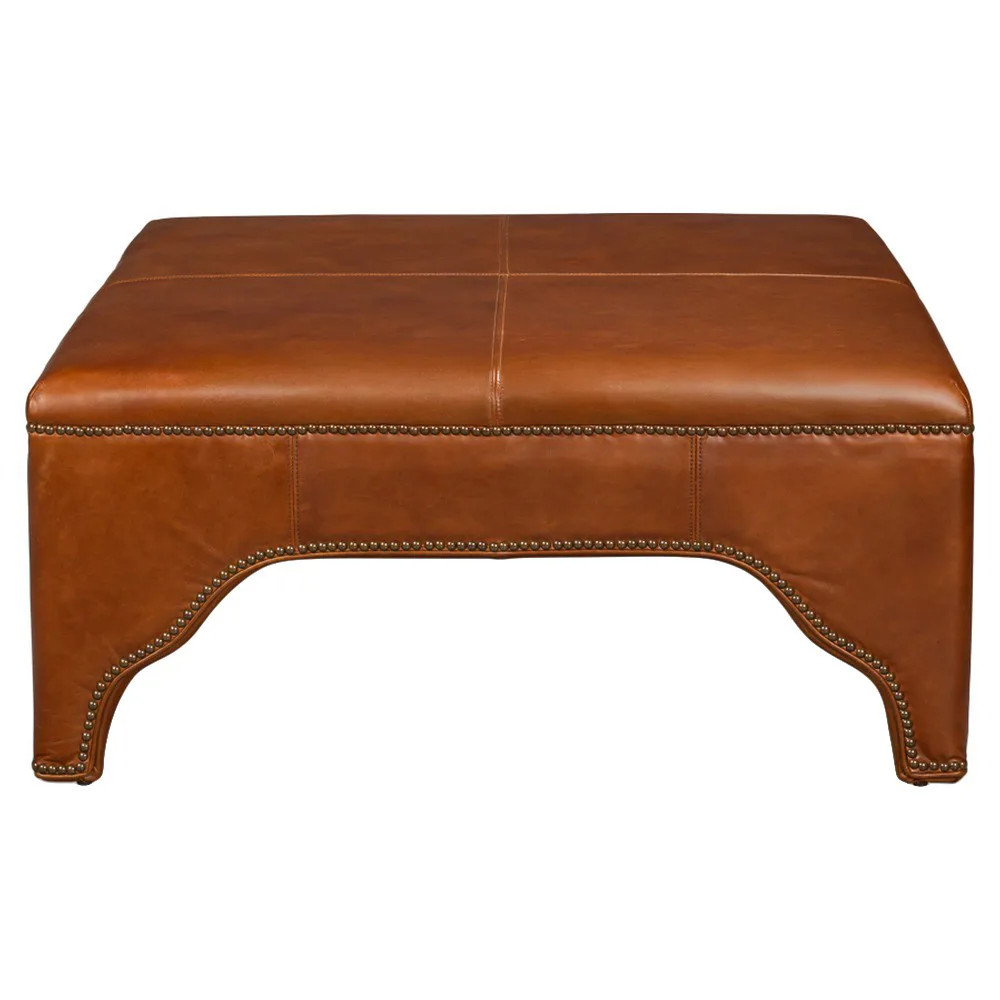 Ashby Updated Traditional Brown Leather Square Cocktail Ottoman | Kathy Kuo Home