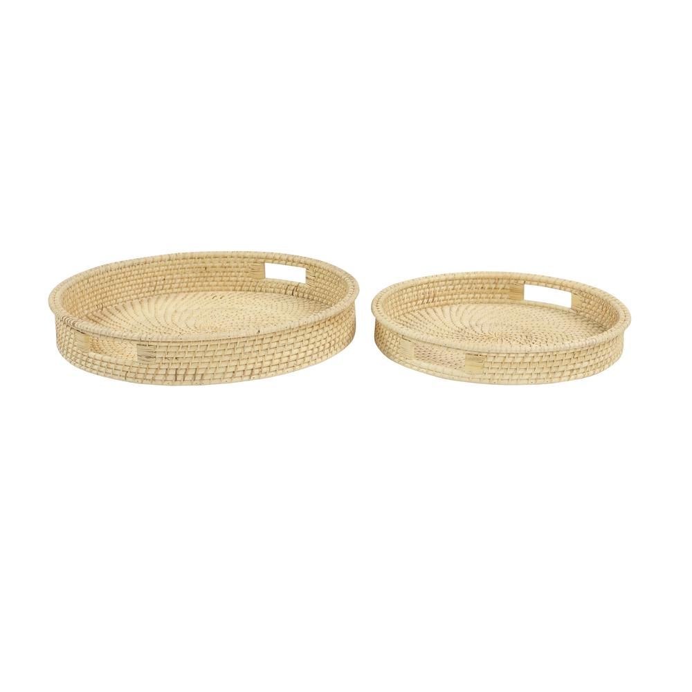 Litton Lane Round Natural Brown Handwoven Bamboo Decorative Trays (Set of 2), Light Brown | The Home Depot